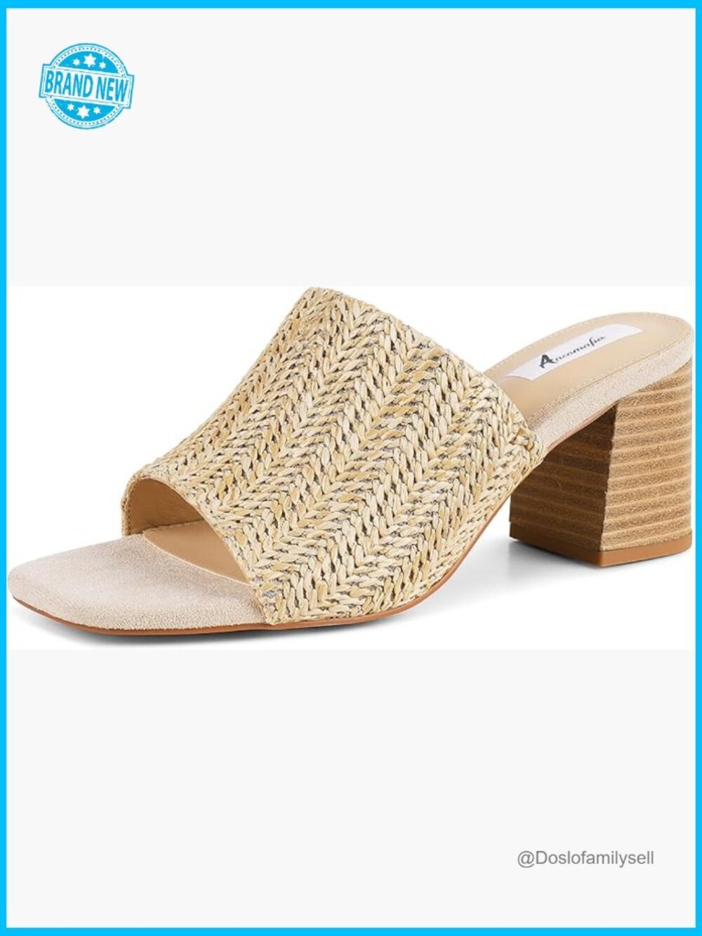 Raffia Heeled Sandals Square Toe Mules Chunky Block Heel Summer Slip On